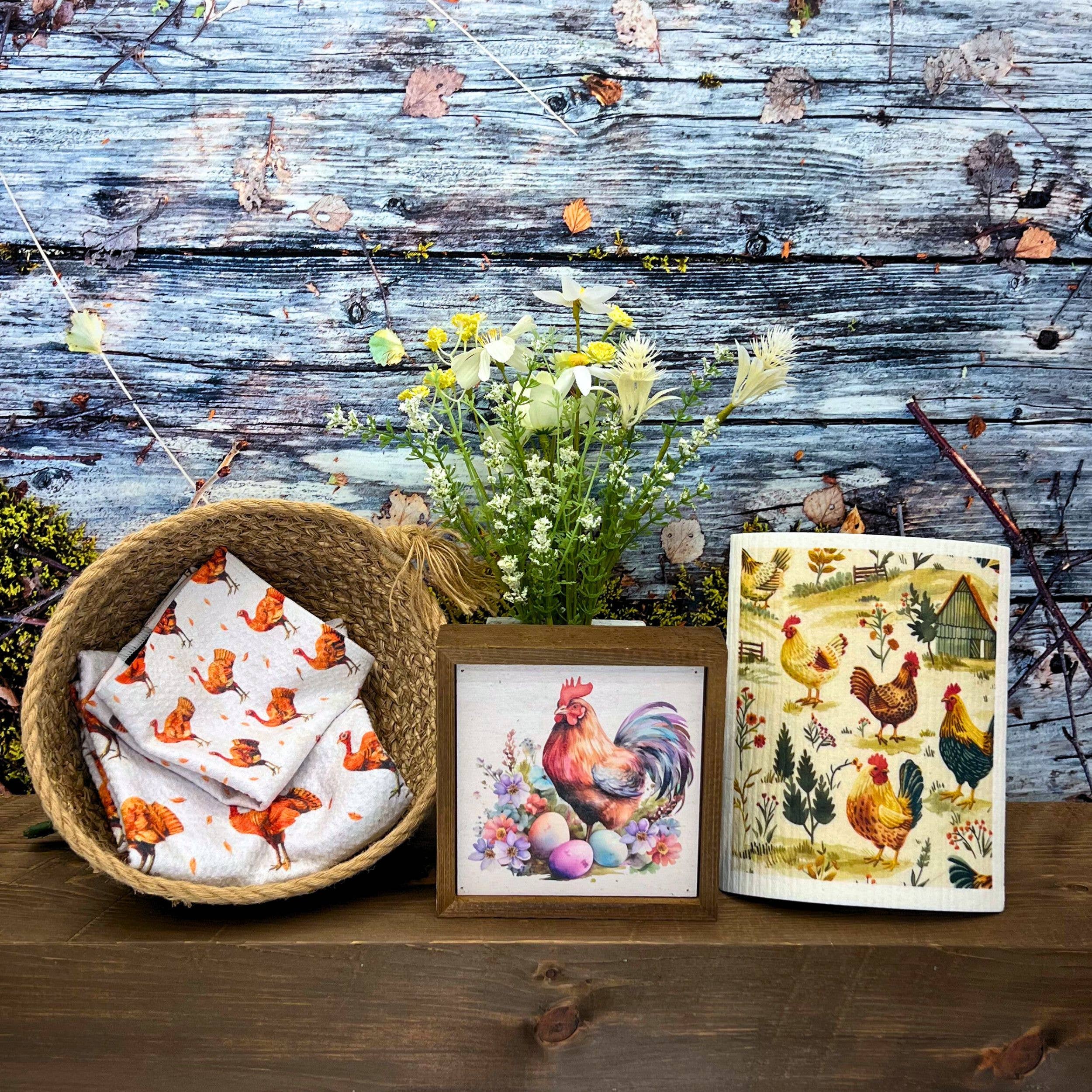 Roosters on The Farm Swedish Dishcloth