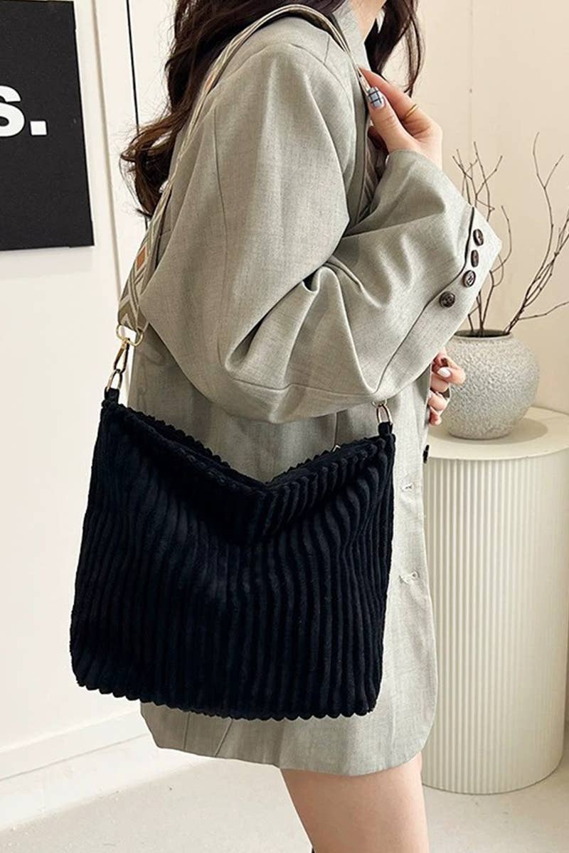 0806 Corduroy Tote Bag With Guitar Shoulder Strap SI-28151: BLACK-184246 / OS
