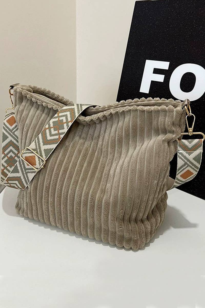 0806 Corduroy Tote Bag With Guitar Shoulder Strap SI-28151: IVORY-184247 / OS